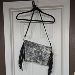 Real Leather Black and Gray Cowhide Print Fringe Crossbody Bag